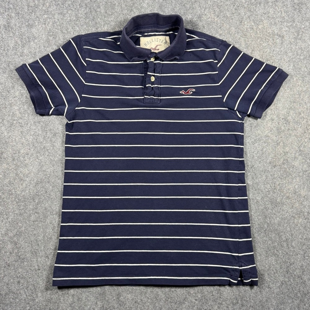 Hollister Mens Navy Blue White Striped Short Sleeve Polo Shirt M Seagull Logo